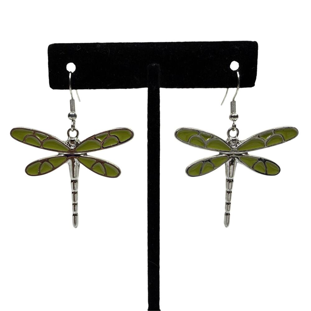 Green Enamel Dragonfly Dangle Earrings Silver Tone Fishhook Fashion Jewelry 2in